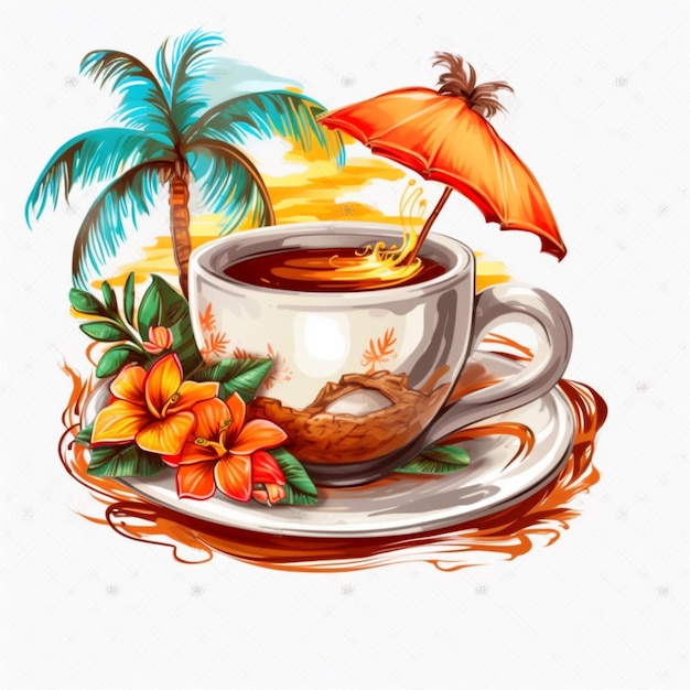 There is a cup of tea with a tropical umbrella and flowers generative ai