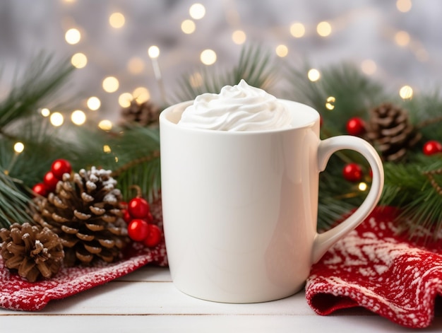 there is a cup of whipped cream on a table with pine cones generative ai