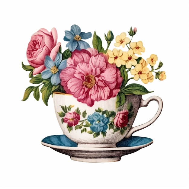 there is a cup with flowers in it on a saucer generative ai