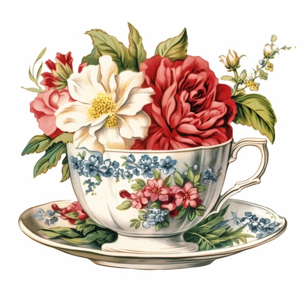 there is a cup with flowers in it on a saucer generative ai