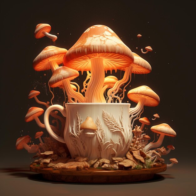 There is a cup with mushrooms in it on a plate generative ai