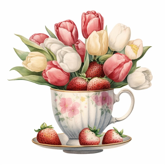 there is a cup with strawberries and tulips in it generative ai