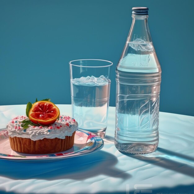 Foto c'è un cupcake e una bottiglia d'acqua su un tavolo generativo ai