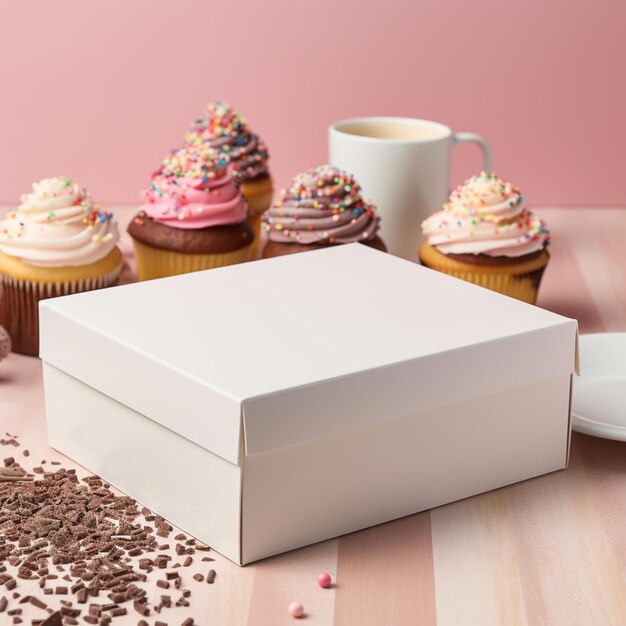 Photo there is a cupcake and a box on a table with a cup of coffee generative ai