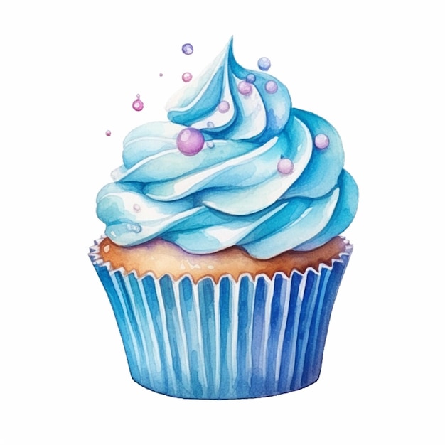 there is a cupcake with blue frosting and bubbles on top generative ai