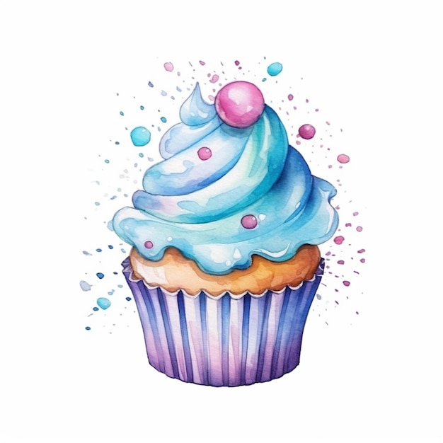 青いフロスティングとピンクのチェリーが上に描かれたカップケーキがあります 生成 AI