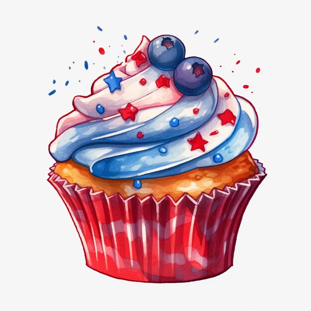 there is a cupcake with blue frosting and red stars on it generative ai