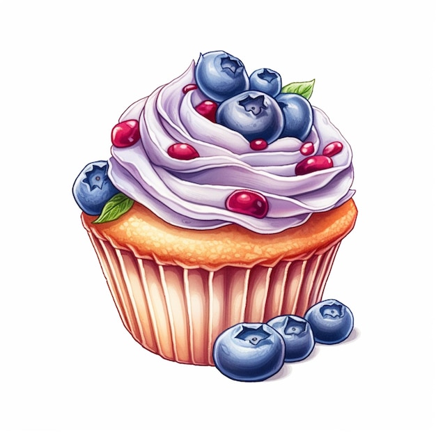 there is a cupcake with blueberries and cream on top generative ai