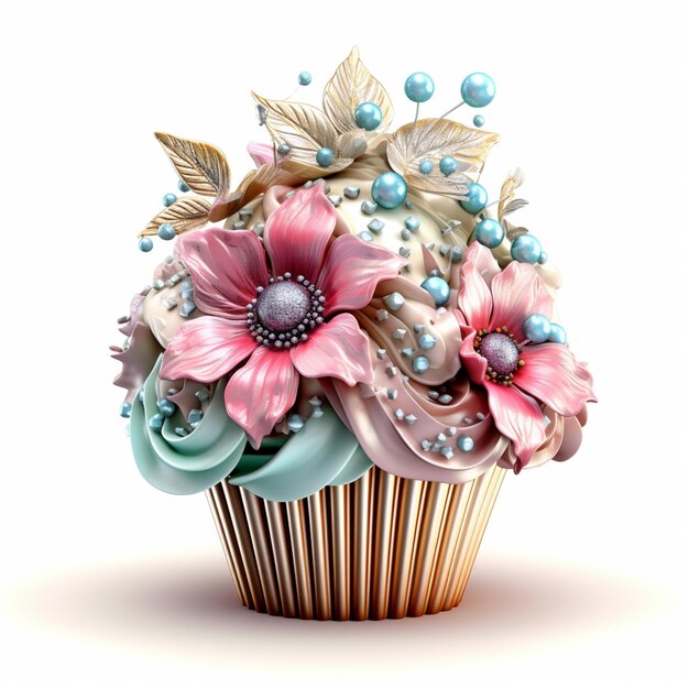 there is a cupcake with a bunch of flowers on top generative ai