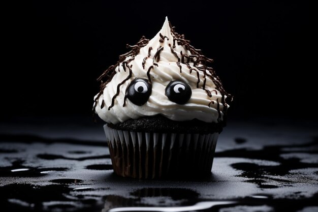 There is a cupcake with a cat face on top of it