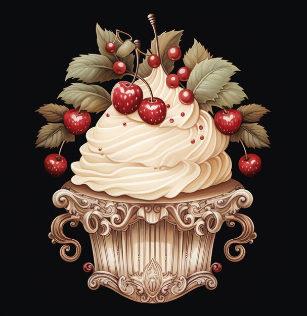 Photo there is a cupcake with cream and cherries on top generative ai