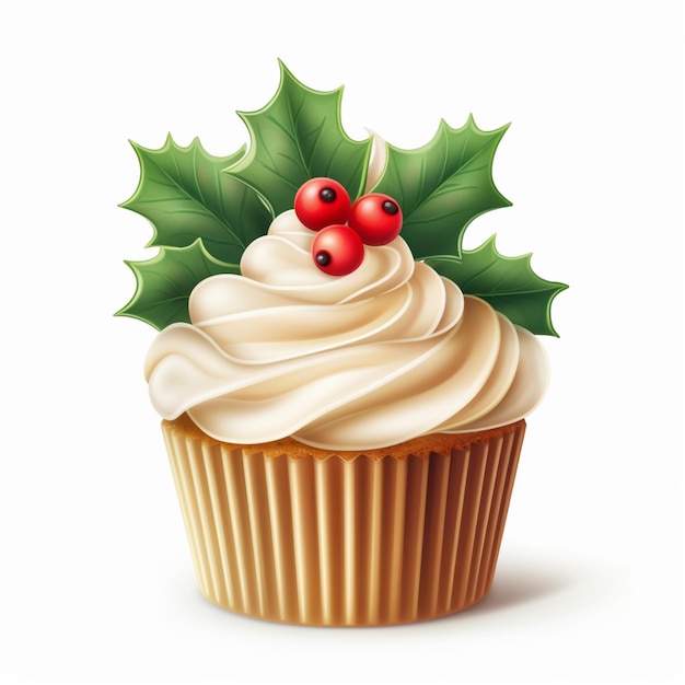 Photo there is a cupcake with frosting and holly leaves on top generative ai