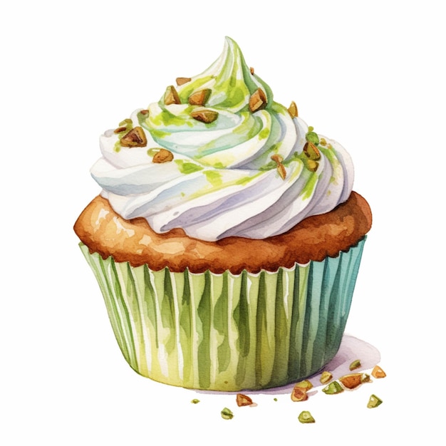 There is a cupcake with a green frosting and pistachios on top generative ai