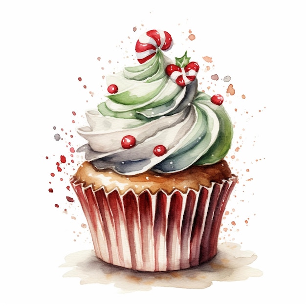 There is a cupcake with a green frosting and red berries generative ai
