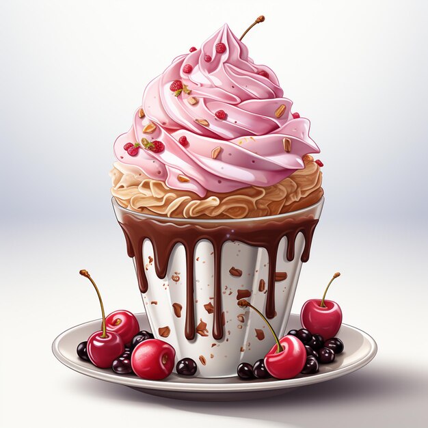 there is a cupcake with pink frosting and cherries on a plate generative ai