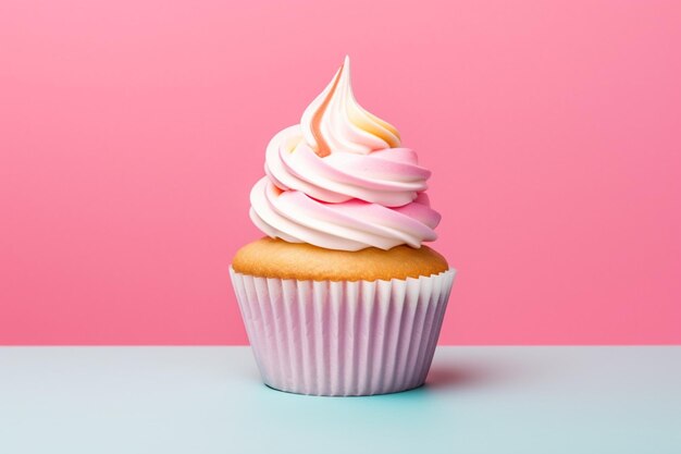 There is a cupcake with a pink frosting on a pink background generative ai