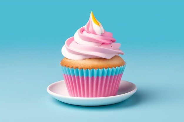 There is a cupcake with a pink frosting on a plate generative ai