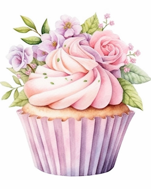 there is a cupcake with pink frosting and purple flowers on top generative ai