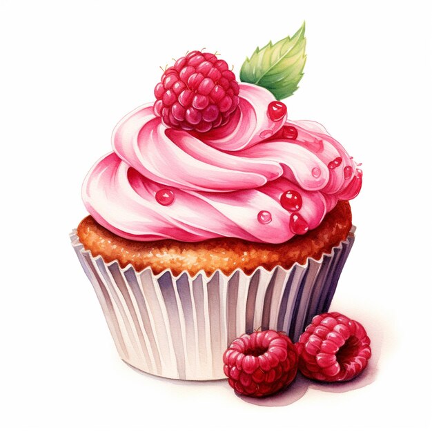 there is a cupcake with pink frosting and raspberries on top generative ai