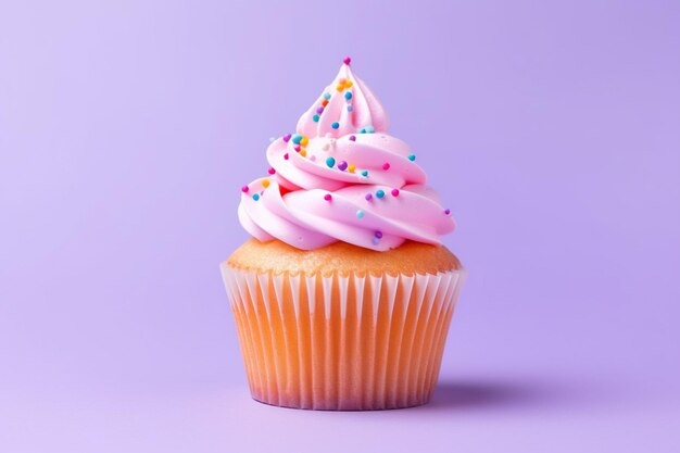 There is a cupcake with pink frosting and sprinkles on it generative ai