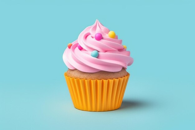 There is a cupcake with pink frosting and sprinkles on it generative ai