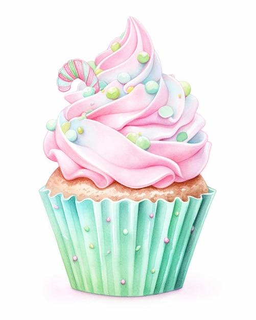 there is a cupcake with pink frosting and sprinkles on top generative ai