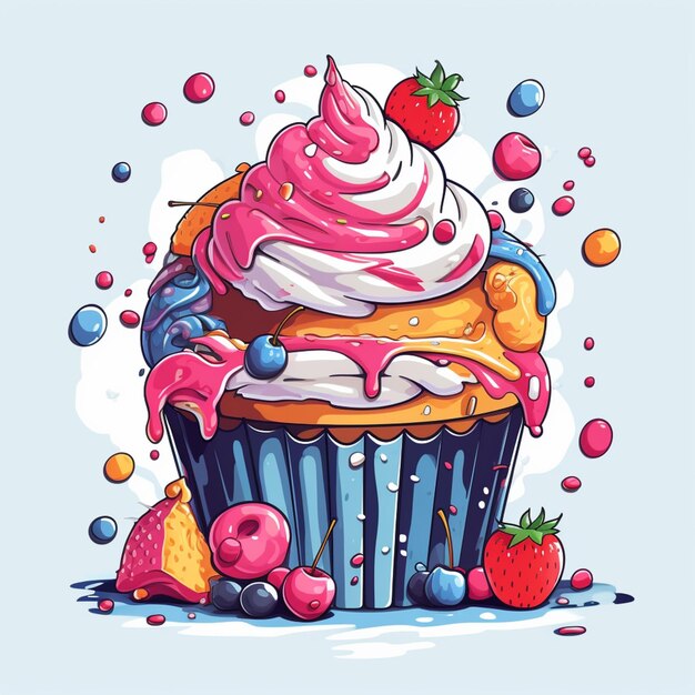 there is a cupcake with a pink frosting and a strawberry on top generative ai