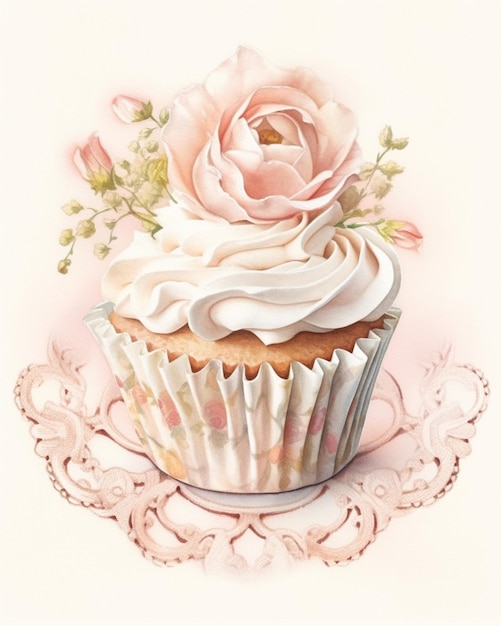 there is a cupcake with a rose on top of it generative ai