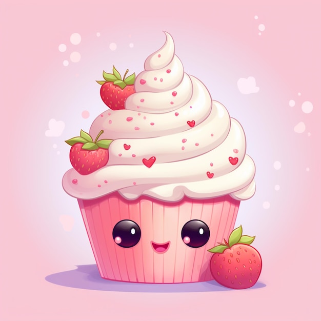 there is a cupcake with a strawberry on top and a heart shaped strawberry on the top generative ai