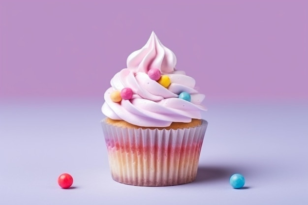There is a cupcake with white frosting and colorful candies generative ai