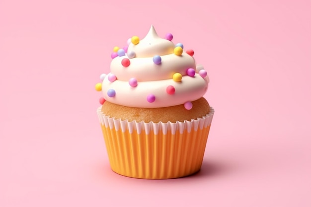 there is a cupcake with white frosting and sprinkles on it generative ai