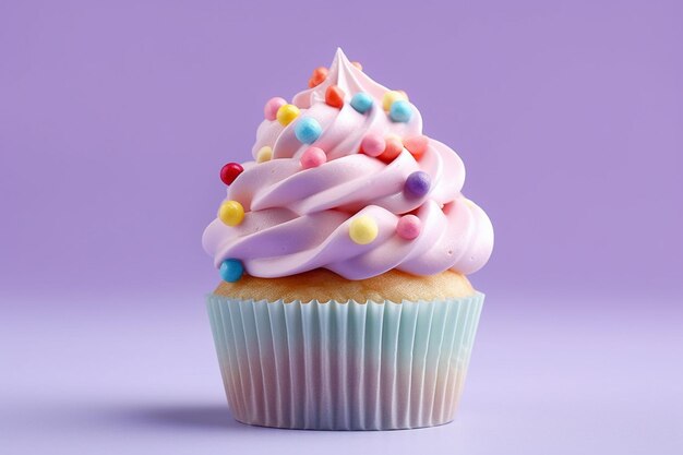 There is a cupcake with white frosting and sprinkles on top generative ai