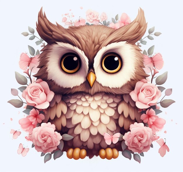 There is a cute owl with big eyes sitting on a branch of flowers generative ai