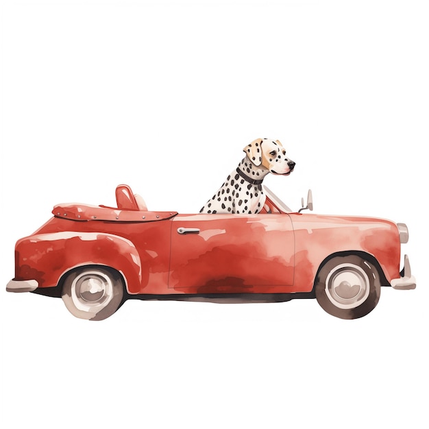 Есть далматинская собака, сидящая в красной машине.