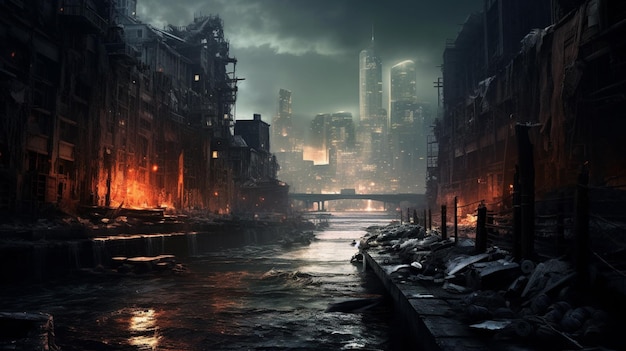 There is a dark city with a river running through it generative ai