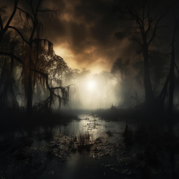 there is a dark and eerie scene of a swamp with trees generative ai