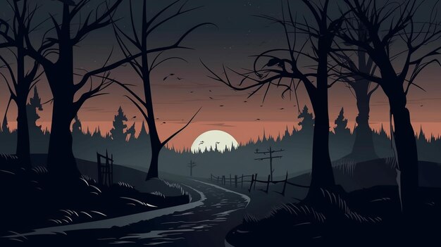 there is a dark forest with a road and a full moon generative ai