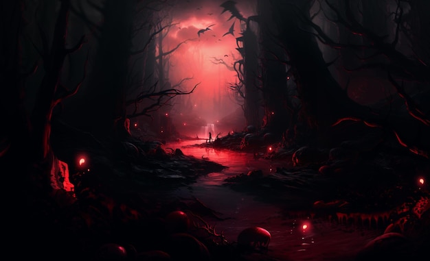 물줄기와 붉은 빛 생성 AI가 있는 어두운 숲이 있습니다