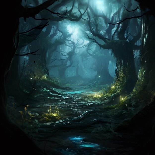 there is a dark forest with a stream of water and trees generative ai