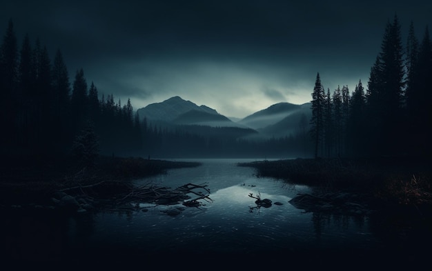 There is a dark picture of a mountain lake with a boat in it generative ai