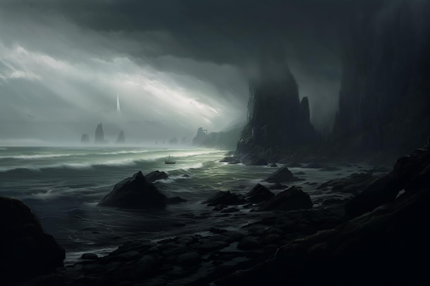 There is a dark and stormy picture of a rocky beach generative ai