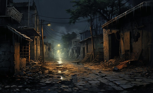 there is a dark street with a light at the end of it generative ai