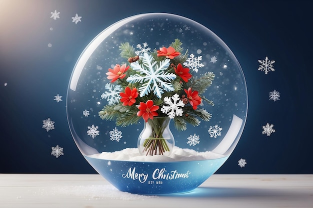 There is a decorative Christmas bouquet in a transparent round vase