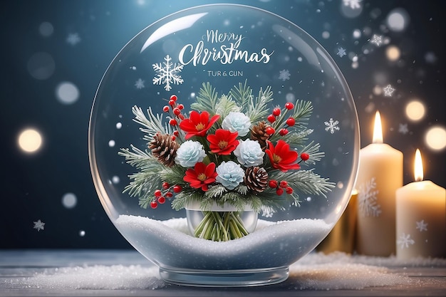 There is a decorative Christmas bouquet in a transparent round vase