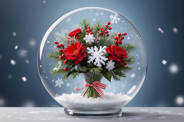 There is a decorative Christmas bouquet in a transparent round vase