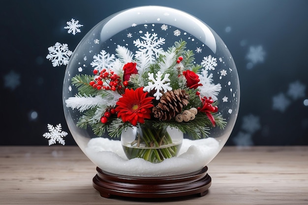 There is a decorative Christmas bouquet in a transparent round vase