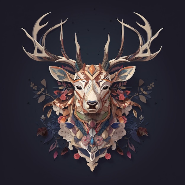 there is a deer head with a lot of flowers on it generative ai