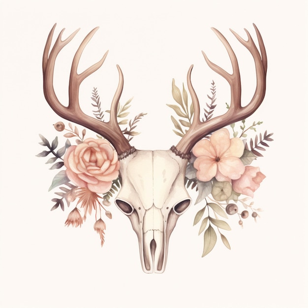 Photo there is a deer skull with antlers and flowers on it generative ai