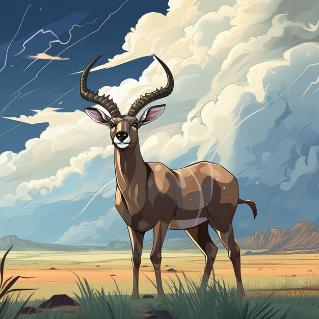 There is a deer standing in the grass with a cloudy sky in the background generative ai