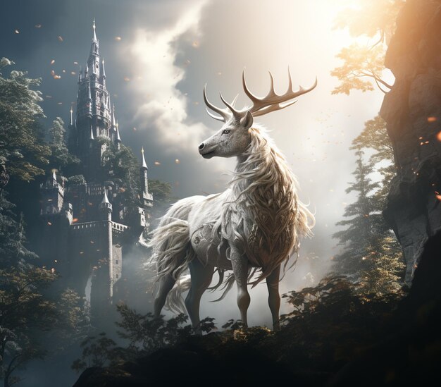 There is a deer standing on a hill with a castle in the background generative ai